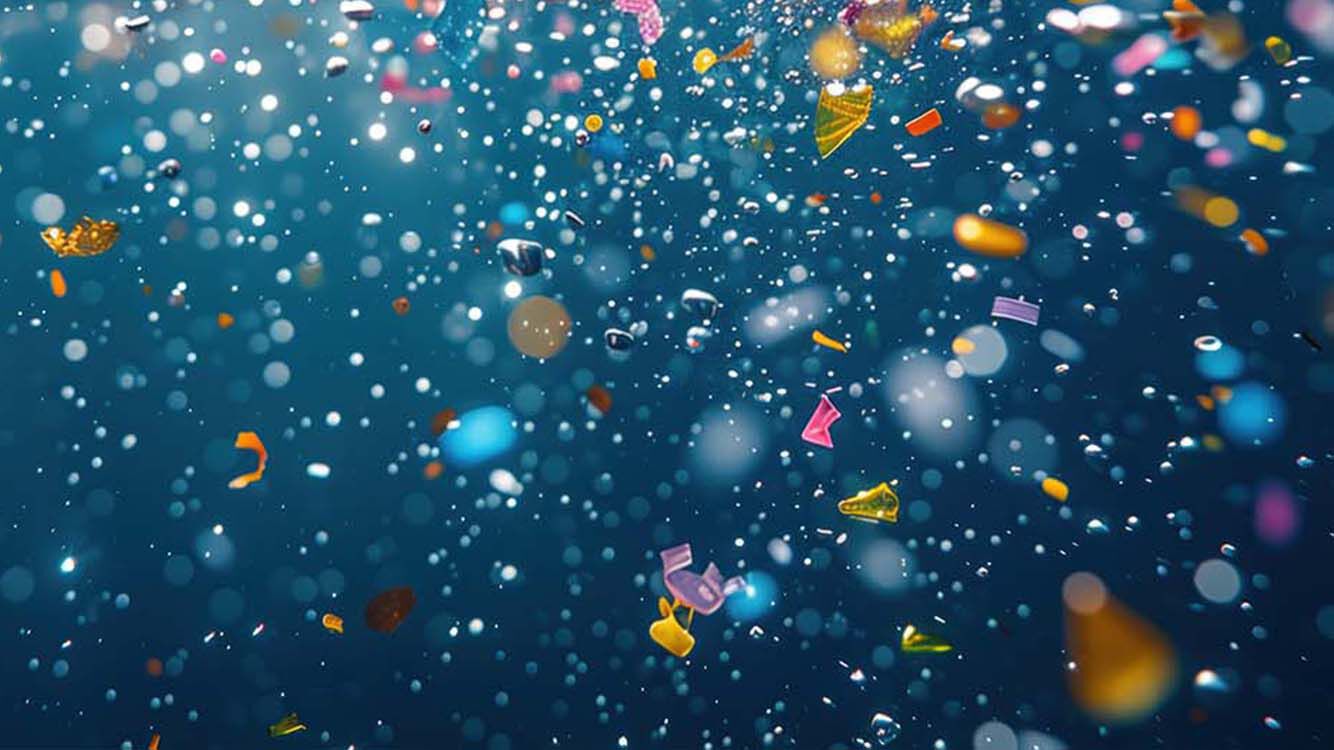 Fijne microplasticdeeltjes drijven in zee.